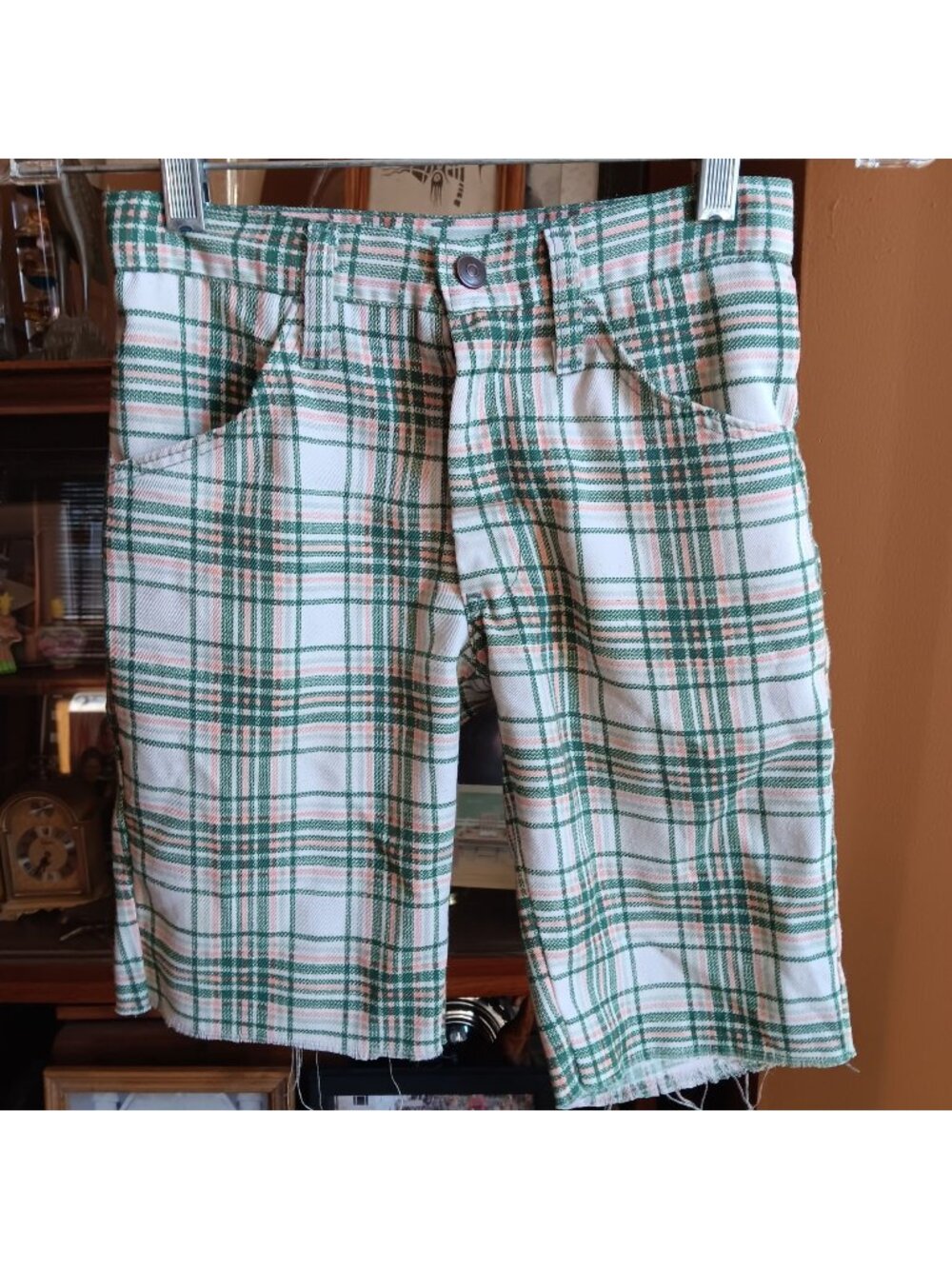 True Vintage Boys Shorts sz 10 24W 1970's Green Orange Plaid Cutoff Soft